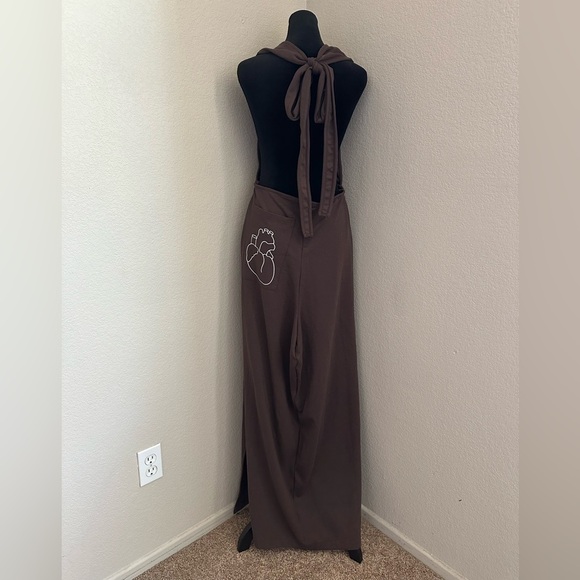 Y2k,90s Brown Jumper Overall Maxi Dress. big embroidered heart, Portugal Made - Picture 1 of 11